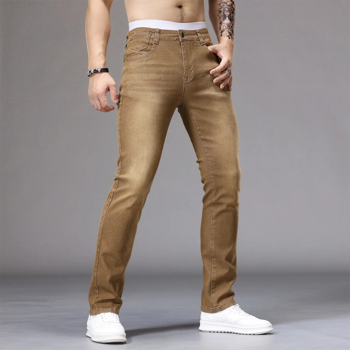 White Men's Stretch Skinny Jeans Fashion Casual Slim Straight Denim Trousers Male Gray Black Khaki Blue Pants Brand Clothing