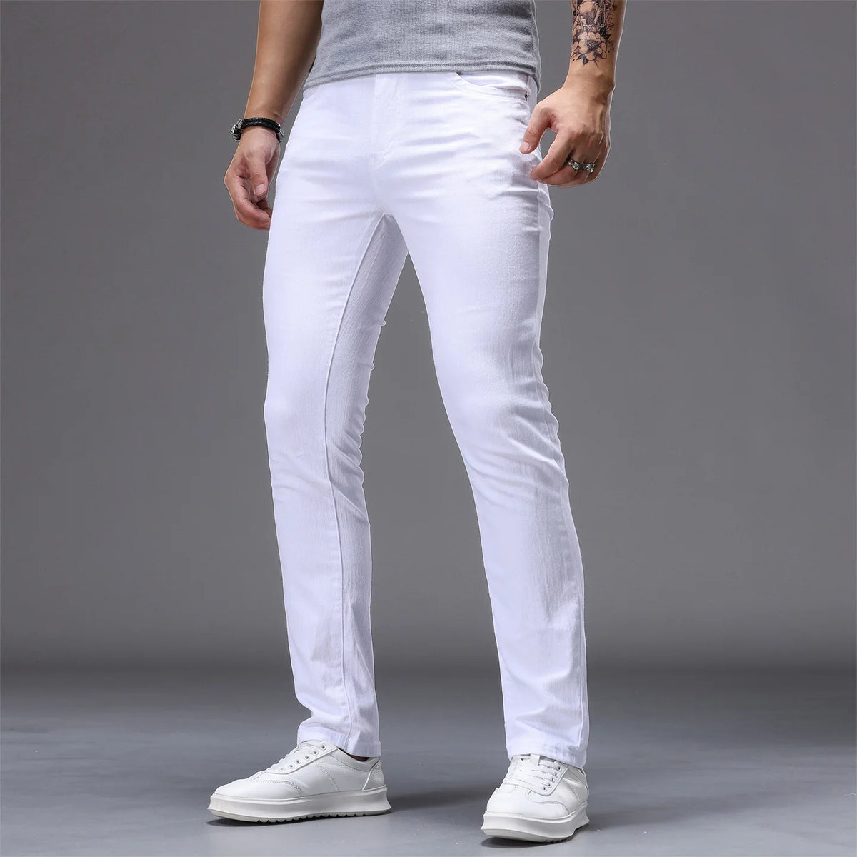 White Men's Stretch Skinny Jeans Fashion Casual Slim Straight Denim Trousers Male Gray Black Khaki Blue Pants Brand Clothing