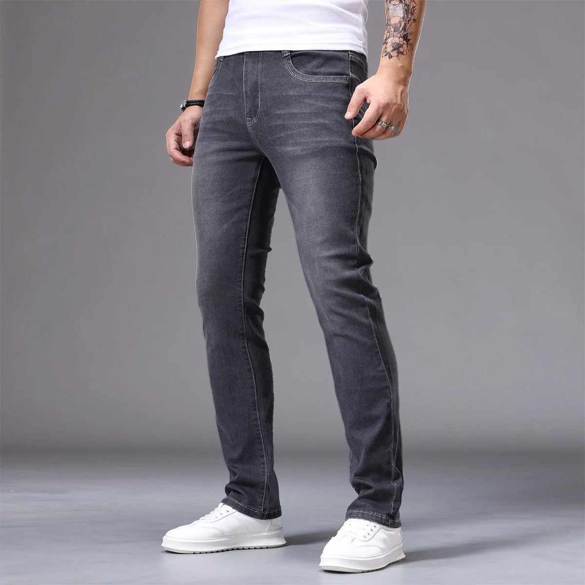 White Men's Stretch Skinny Jeans Fashion Casual Slim Straight Denim Trousers Male Gray Black Khaki Blue Pants Brand Clothing