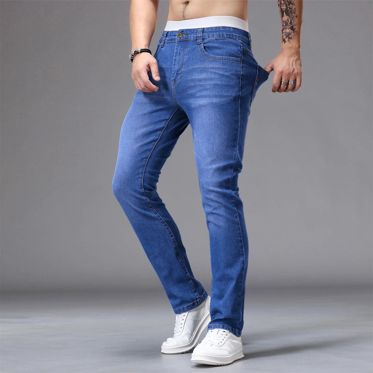 White Men's Stretch Skinny Jeans Fashion Casual Slim Straight Denim Trousers Male Gray Black Khaki Blue Pants Brand Clothing