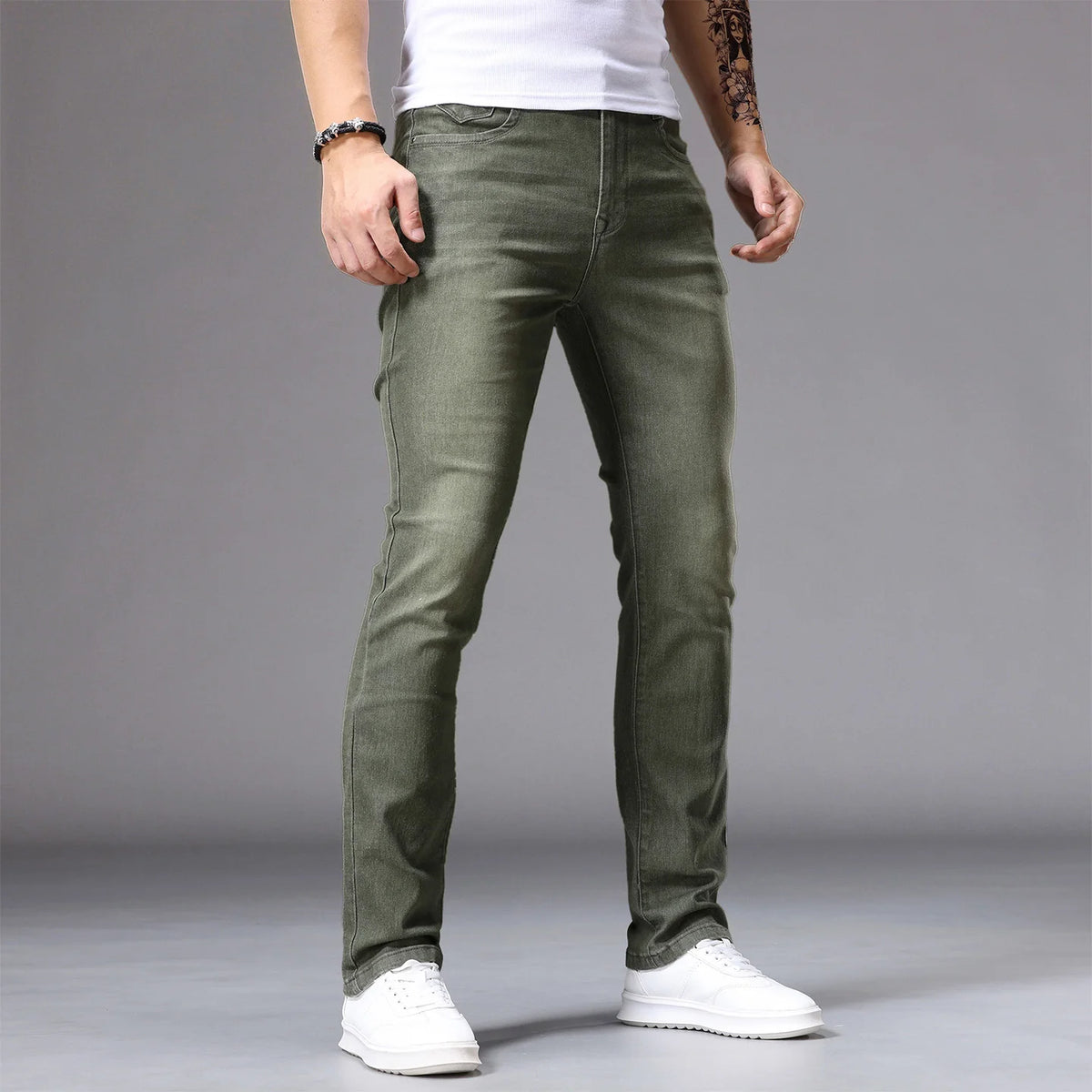 White Men's Stretch Skinny Jeans Fashion Casual Slim Straight Denim Trousers Male Gray Black Khaki Blue Pants Brand Clothing
