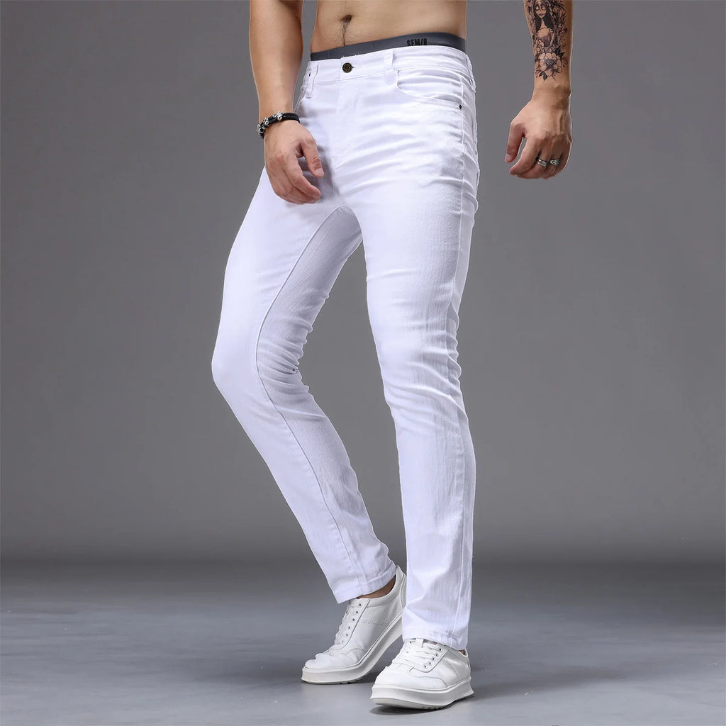 White Men's Stretch Skinny Jeans Fashion Casual Slim Straight Denim Trousers Male Gray Black Khaki Blue Pants Brand Clothing