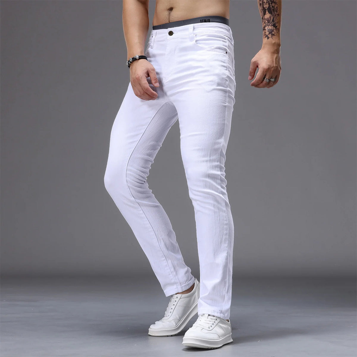 White Men's Stretch Skinny Jeans Fashion Casual Slim Straight Denim Trousers Male Gray Black Khaki Blue Pants Brand Clothing