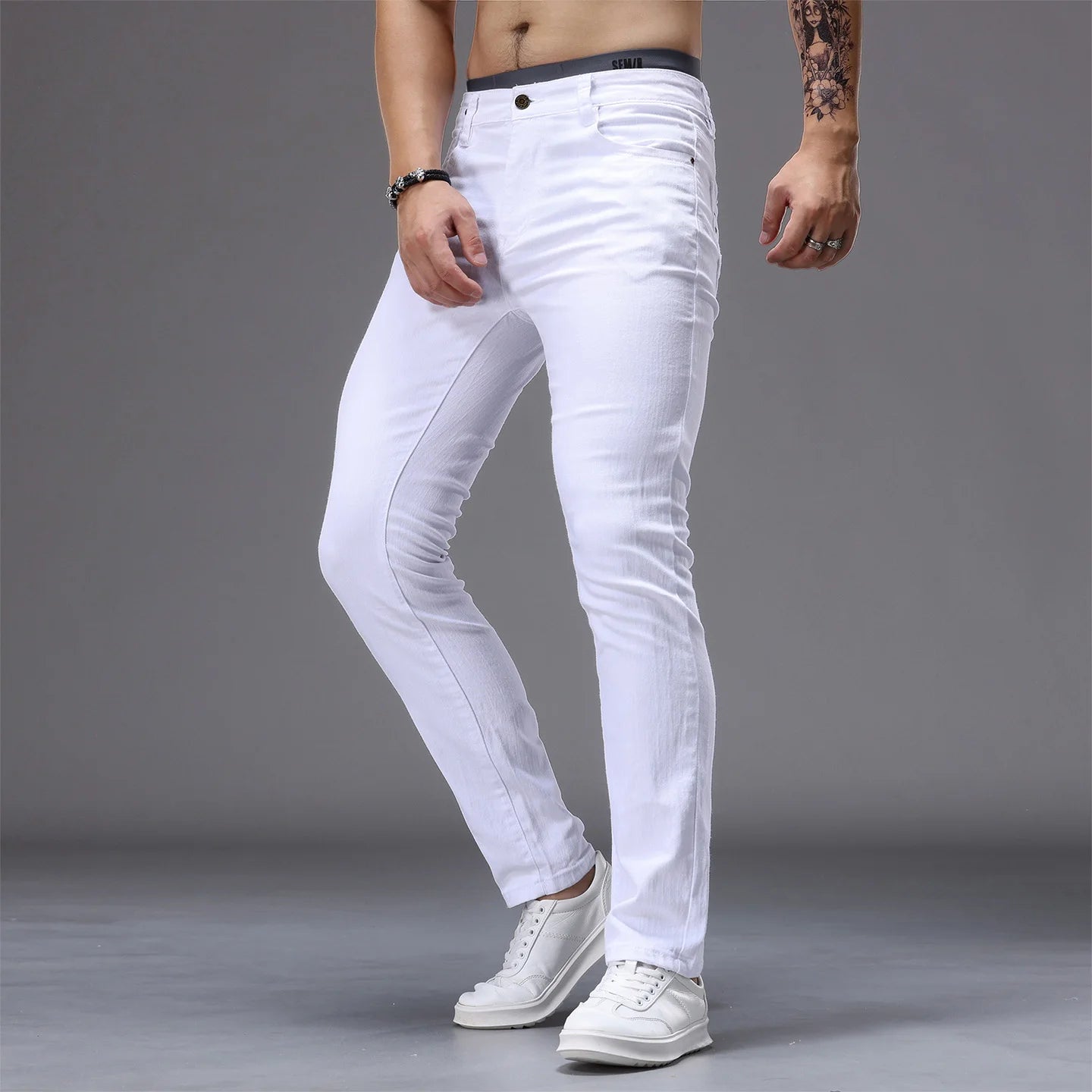 White Men's Stretch Skinny Jeans Fashion Casual Slim Straight Denim Trousers Male Gray Black Khaki Blue Pants Brand Clothing