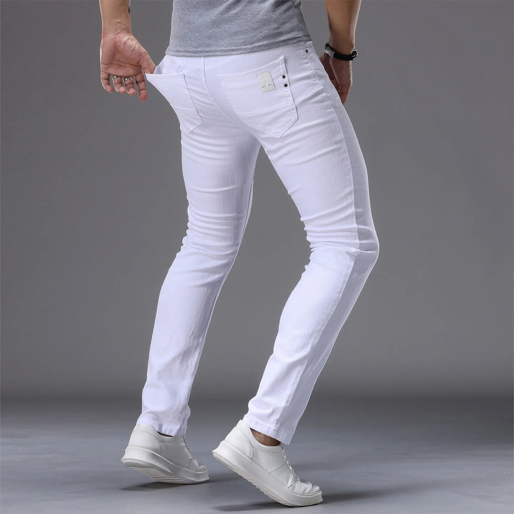 White Men's Stretch Skinny Jeans Fashion Casual Slim Straight Denim Trousers Male Gray Black Khaki Blue Pants Brand Clothing