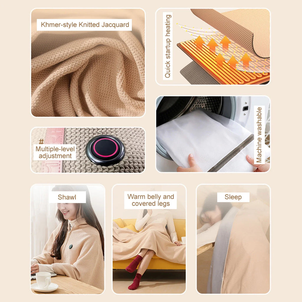 Corded Heated Blanket USB Powered Soft Zipper Shawl Wrap 3 Temperature Adjustment Warm Heating Scarf for Indoor Outdoor